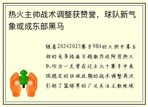 热火主帅战术调整获赞誉，球队新气象或成东部黑马